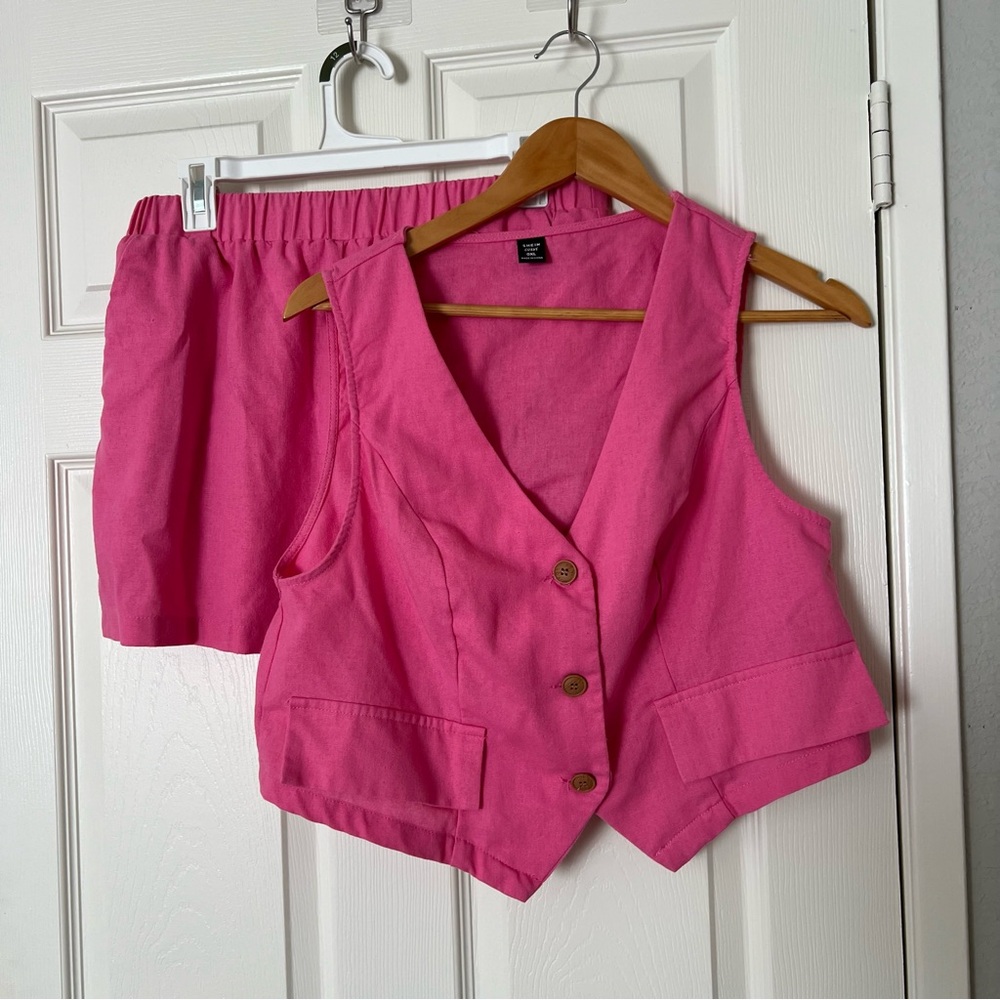 SHEIN EZwear Women Plus Size Summer Suit In Rose Red,